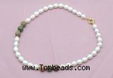 CFN347 9 - 10mm rice white freshwater pearl & unakite necklace wholesale