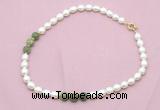 CFN348 9 - 10mm rice white freshwater pearl & China jade necklace wholesale