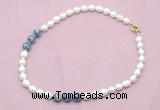 CFN350 9 - 10mm rice white freshwater pearl & blue spot stone necklace wholesale