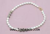 CFN352 9 - 10mm rice white freshwater pearl & feldspar necklace wholesale