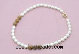 CFN356 9 - 10mm rice white freshwater pearl & wooden jasper necklace wholesale
