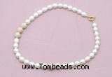 CFN359 9 - 10mm rice white freshwater pearl & white fossil jasper necklace wholesale