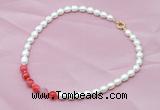 CFN406 9-10mm rice white freshwater pearl & red banded agate necklace