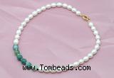 CFN407 9-10mm rice white freshwater pearl & green banded agate necklace