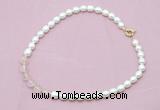 CFN414 9 - 10mm rice white freshwater pearl & rose quartz necklace