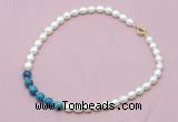 CFN419 9 - 10mm rice white freshwater pearl & apatite necklace