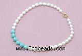 CFN422 9 - 10mm rice white freshwater pearl & blue howlite necklace wholesale