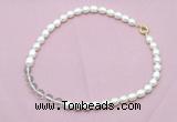 CFN431 9 - 10mm rice white freshwater pearl & white crystal necklace