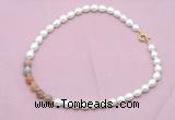 CFN437 9 - 10mm rice white freshwater pearl & rainbow moonstone necklace