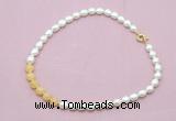 CFN442 9 - 10mm rice white freshwater pearl & honey jade necklace