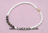 CFN446 9 - 10mm rice white freshwater pearl & bronzite gemstone necklace