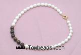 CFN446 9 - 10mm rice white freshwater pearl & bronzite gemstone necklace