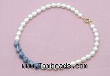 CFN450 9 - 10mm rice white freshwater pearl & blue spot stone necklace