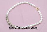 CFN452 9 - 10mm rice white freshwater pearl & feldspar gemstone necklace