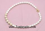 CFN459 9 - 10mm rice white freshwater pearl & white fossil jasper necklace