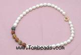 CFN460 9 - 10mm rice white freshwater pearl & picasso jasper necklace