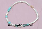 CFN519 9mm - 10mm potato white freshwater pearl & blue howlite necklace