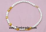 CFN522 9mm - 10mm potato white freshwater pearl & yellow banded agate necklace