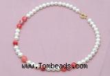 CFN523 9mm - 10mm potato white freshwater pearl & red banded agate necklace