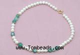 CFN524 9mm - 10mm potato white freshwater pearl & green banded agate necklace