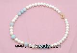 CFN535 9mm - 10mm potato white freshwater pearl & aquamarine necklace