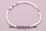 CFN703 9mm - 10mm potato white freshwater pearl & lavender amethyst necklace