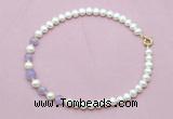 CFN705 9mm - 10mm potato white freshwater pearl & lavender amethyst necklace