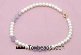 CFN706 9mm - 10mm potato white freshwater pearl & lavender amethyst necklace