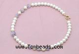 CFN707 9mm - 10mm potato white freshwater pearl & lavender amethyst necklace