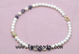 CFN713 9mm - 10mm potato white freshwater pearl & dogtooth amethyst necklace