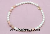 CFN721 9mm - 10mm potato white freshwater pearl & pink opal necklace