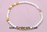 CFN729 9mm - 10mm potato white freshwater pearl & yellow banded agate necklace