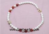 CFN731 9mm - 10mm potato white freshwater pearl & red banded agate necklace
