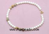 CFN734 9mm - 10mm potato white freshwater pearl & yellow crazy lace agate necklace