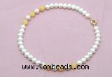 CFN740 9mm - 10mm potato white freshwater pearl & honey jade necklace