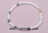 CFN742 9mm - 10mm potato white freshwater pearl & blue spot stone necklace