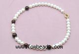 CFN749 9mm - 10mm potato white freshwater pearl & mahogany obsidian necklace