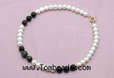 CFN751 9mm - 10mm potato white freshwater pearl & golden obsidian necklace