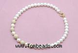 CFN753 9mm - 10mm potato white freshwater pearl & white fossil jasper necklace