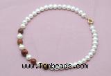 CFN757 9mm - 10mm potato white freshwater pearl & picasso jasper necklace