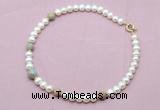 CFN761 9mm - 10mm potato white freshwater pearl & serpentine jasper necklace