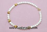 CFN765 9mm - 10mm potato white freshwater pearl & golden tiger eye necklace