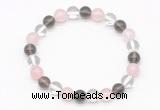 CGB8001 8mm white crystal, rose quartz & smoky quartz beaded stretchy bracelets