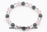 CGB8004 8mm black agate, white crystal & rose quartz beaded stretchy bracelets