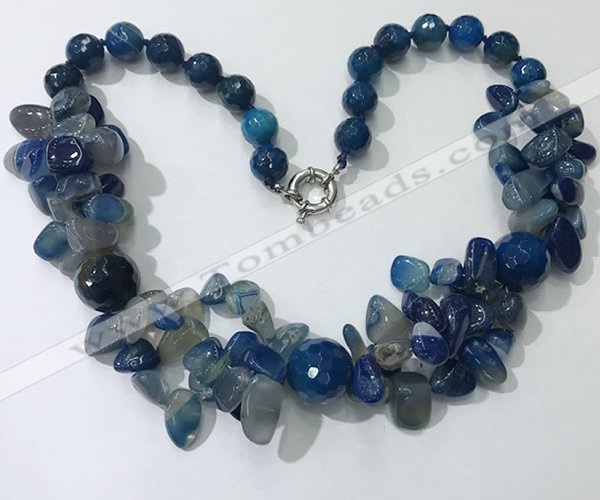 CGN379 19.5 inches round & chips blue agate beaded necklaces