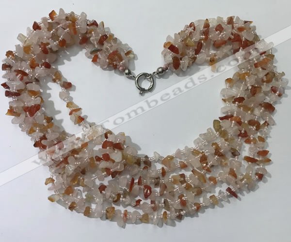CGN723 19.5 inches stylish 6 rows red agate & rose quartz chips necklaces