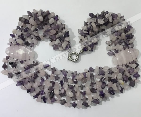 CGN759 20 inches stylish 6 rows amethyst & rose quartz chips necklaces