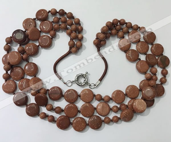 CGN800 23.5 inches stylish 3 rows round & coin goldstone necklaces