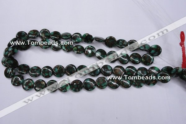 CGO140 15.5 inches 12mm flat round gold green color stone beads