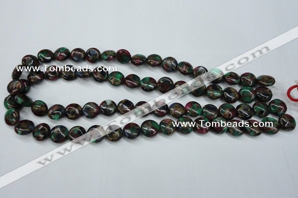 CGO32 15.5 inches 12mm flat round gold multi-color stone beads